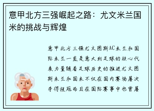 意甲北方三强崛起之路：尤文米兰国米的挑战与辉煌
