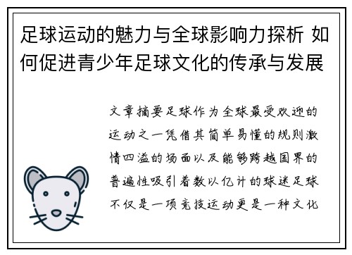 足球运动的魅力与全球影响力探析 如何促进青少年足球文化的传承与发展