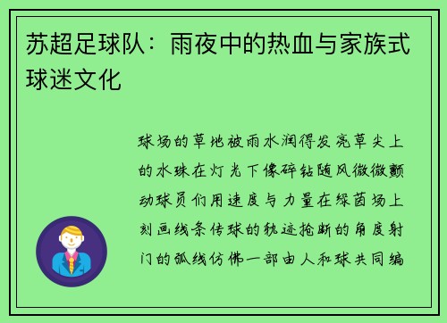 苏超足球队：雨夜中的热血与家族式球迷文化